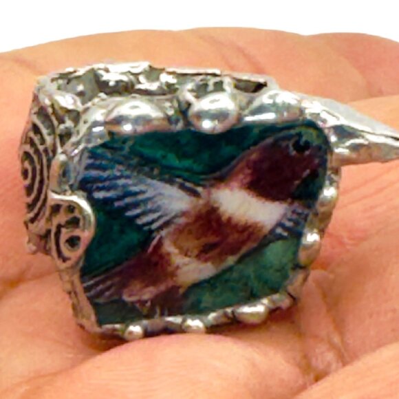Hand Crafted Broken Lena Liu Hummingbird China Ring Silver Blend Boho-Metalwork - Picture 12 of 14